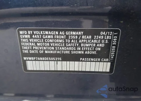 2013 Volkswagen Cc 2.0T Sport Plus z USA, uszkodzony, nr VIN WVWBP7AN8DE505395